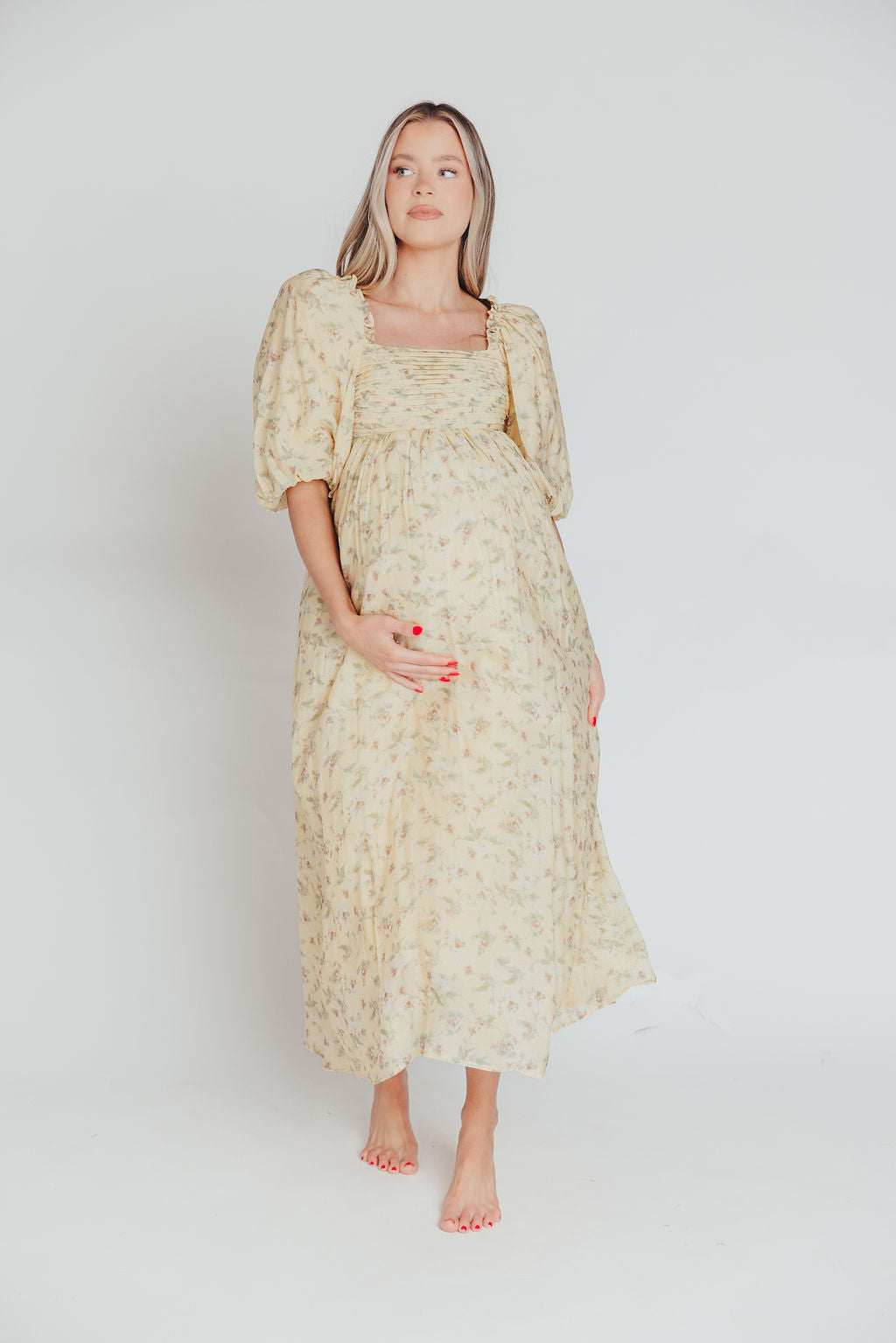 Melody Maxi Dress with Pleats and Bow Detail in Yellow Floral - Bump Friendly & Inclusive Sizing (S-3XL)