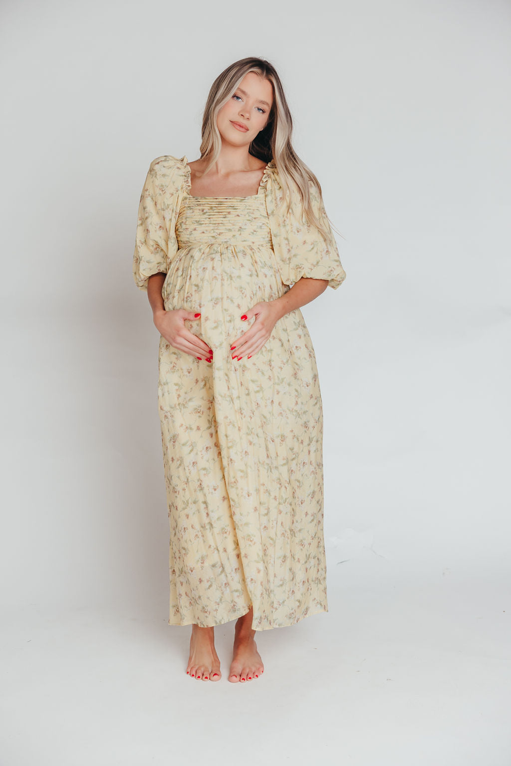 Melody Maxi Dress with Pleats and Bow Detail in Yellow Floral - Bump Friendly & Inclusive Sizing (S-3XL)