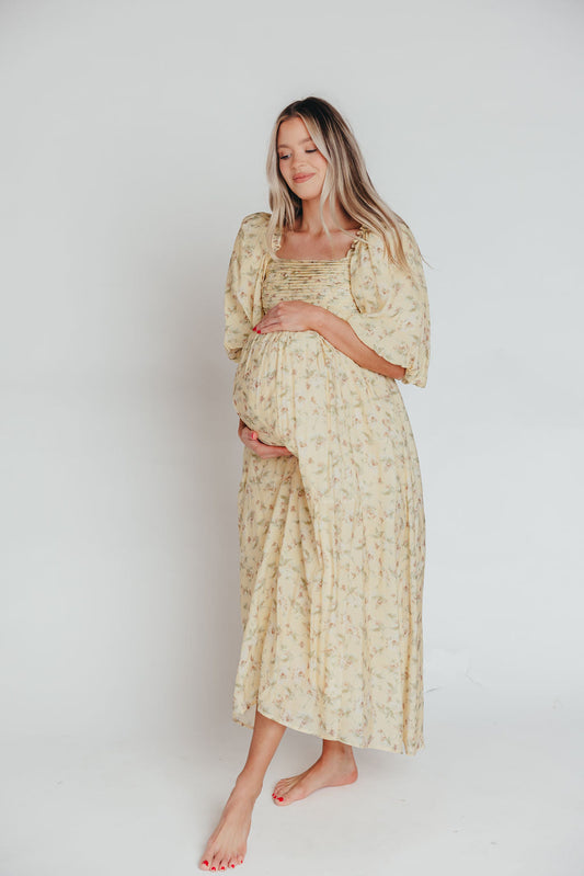 Melody Maxi Dress with Pleats and Bow Detail in Yellow Floral - Bump Friendly & Inclusive Sizing (S-3XL)