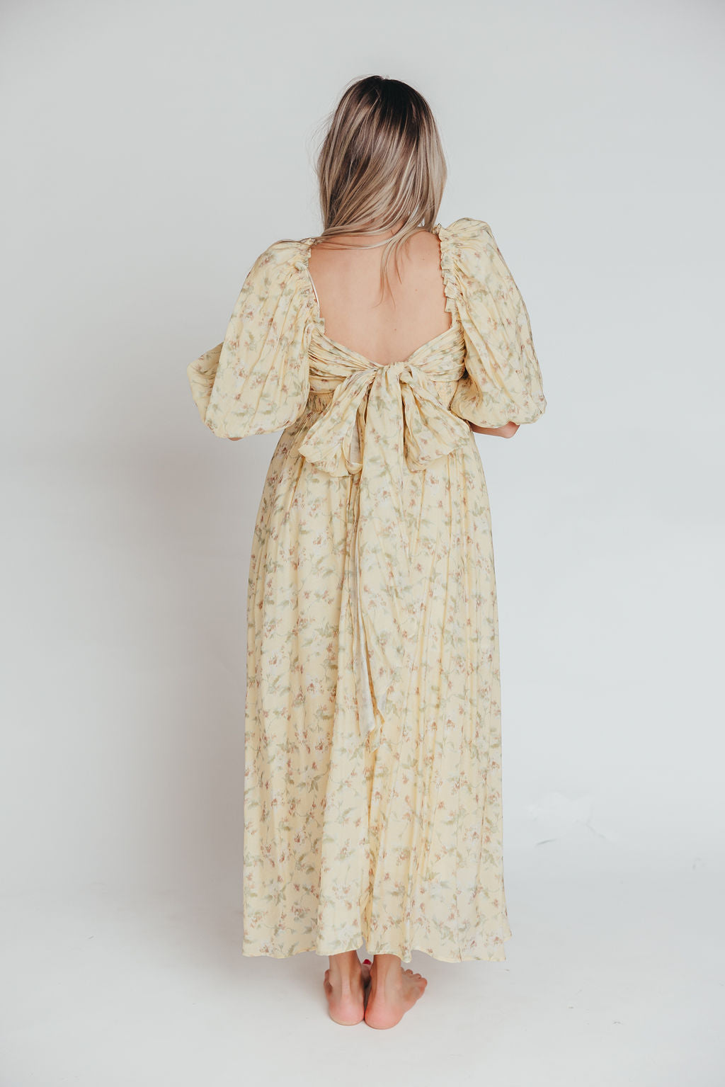 Melody Maxi Dress with Pleats and Bow Detail in Yellow Floral - Bump Friendly & Inclusive Sizing (S-3XL)