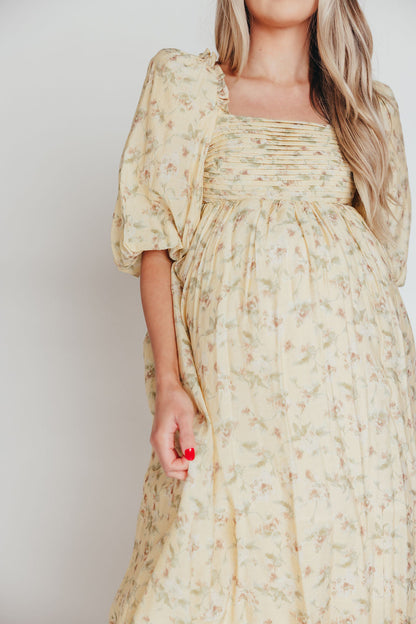 Melody Maxi Dress with Pleats and Bow Detail in Yellow Floral - Bump Friendly & Inclusive Sizing (S-3XL)