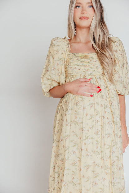 Melody Maxi Dress with Pleats and Bow Detail in Yellow Floral - Bump Friendly & Inclusive Sizing (S-3XL)