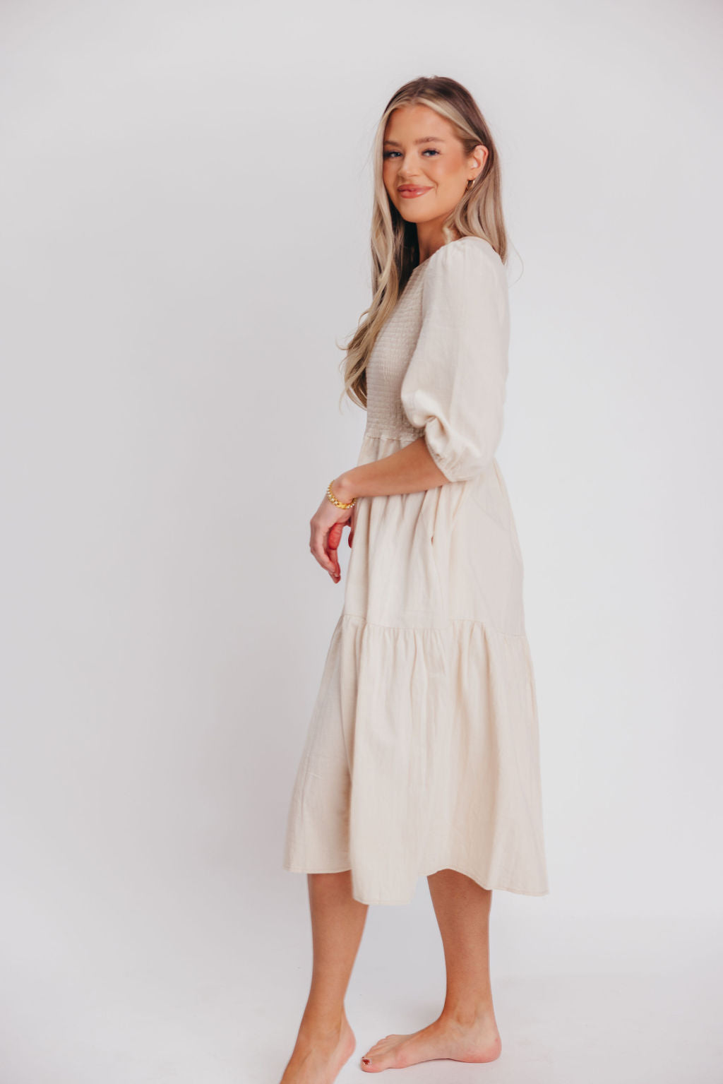 Gabi Smocked Bodice Midi Dress in Ecru