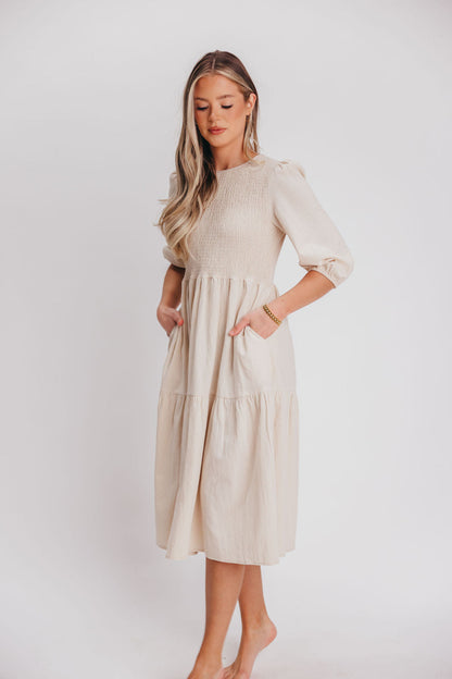 Gabi Smocked Bodice Midi Dress in Ecru