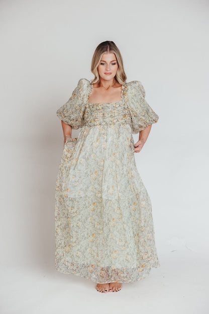 Melody Maxi Dress with Pleats and Bow Detail in Sage Floral - Bump Friendly & Inclusive Sizing (S-3XL)