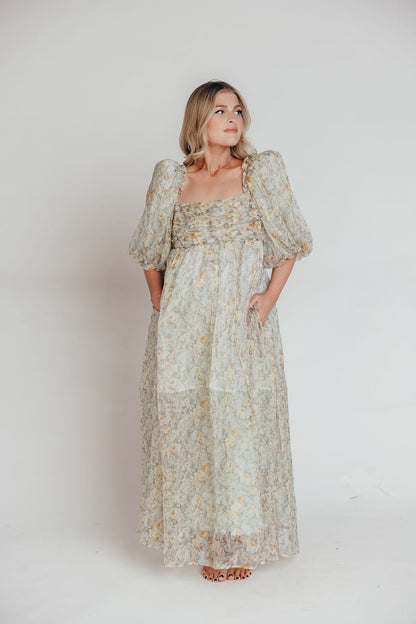 Melody Maxi Dress with Pleats and Bow Detail in Sage Floral - Bump Friendly & Inclusive Sizing (S-3XL)