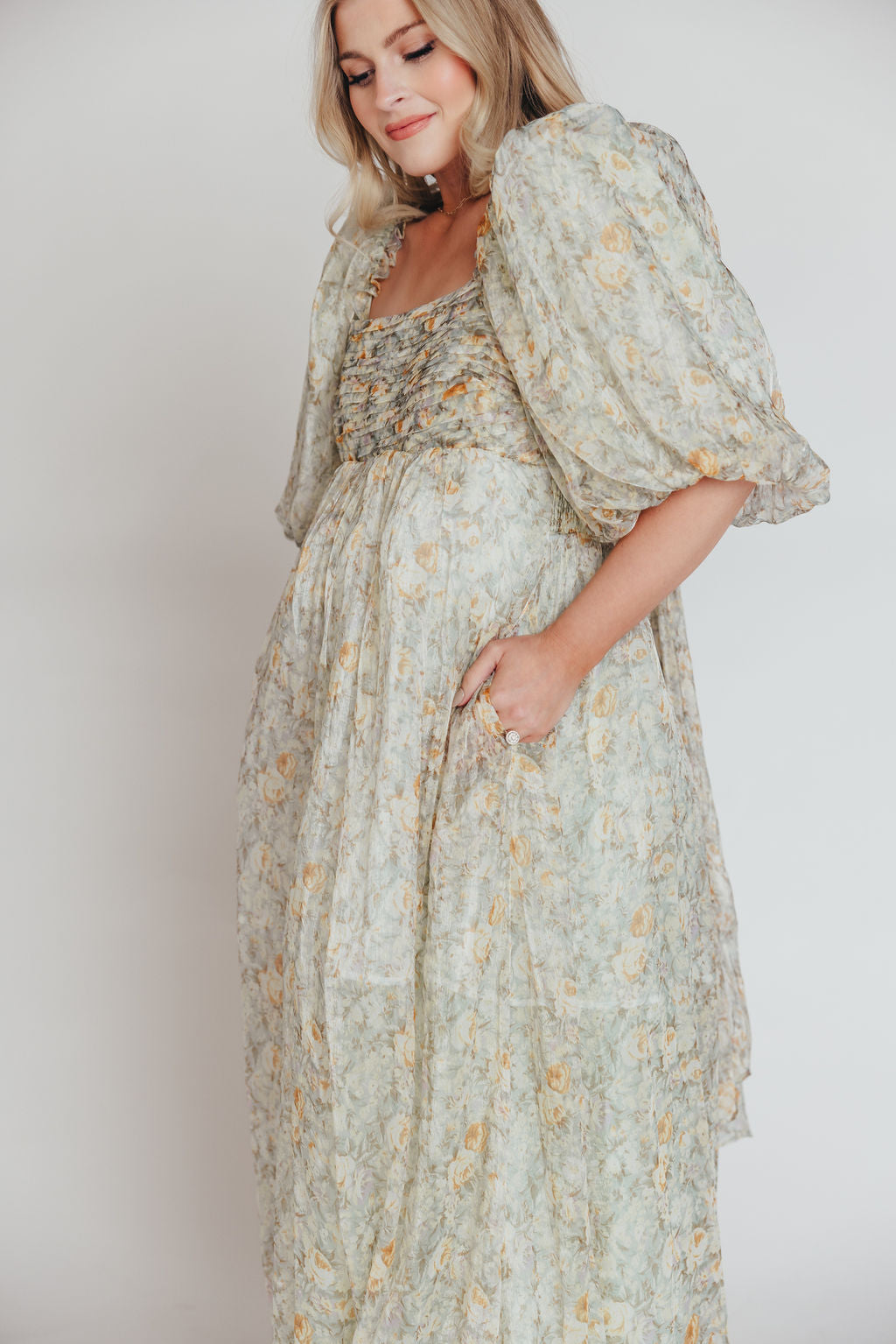 Melody Maxi Dress with Pleats and Bow Detail in Sage Floral - Bump Friendly & Inclusive Sizing (S-3XL)