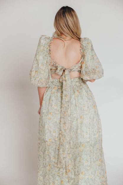 Melody Maxi Dress with Pleats and Bow Detail in Sage Floral - Bump Friendly & Inclusive Sizing (S-3XL)