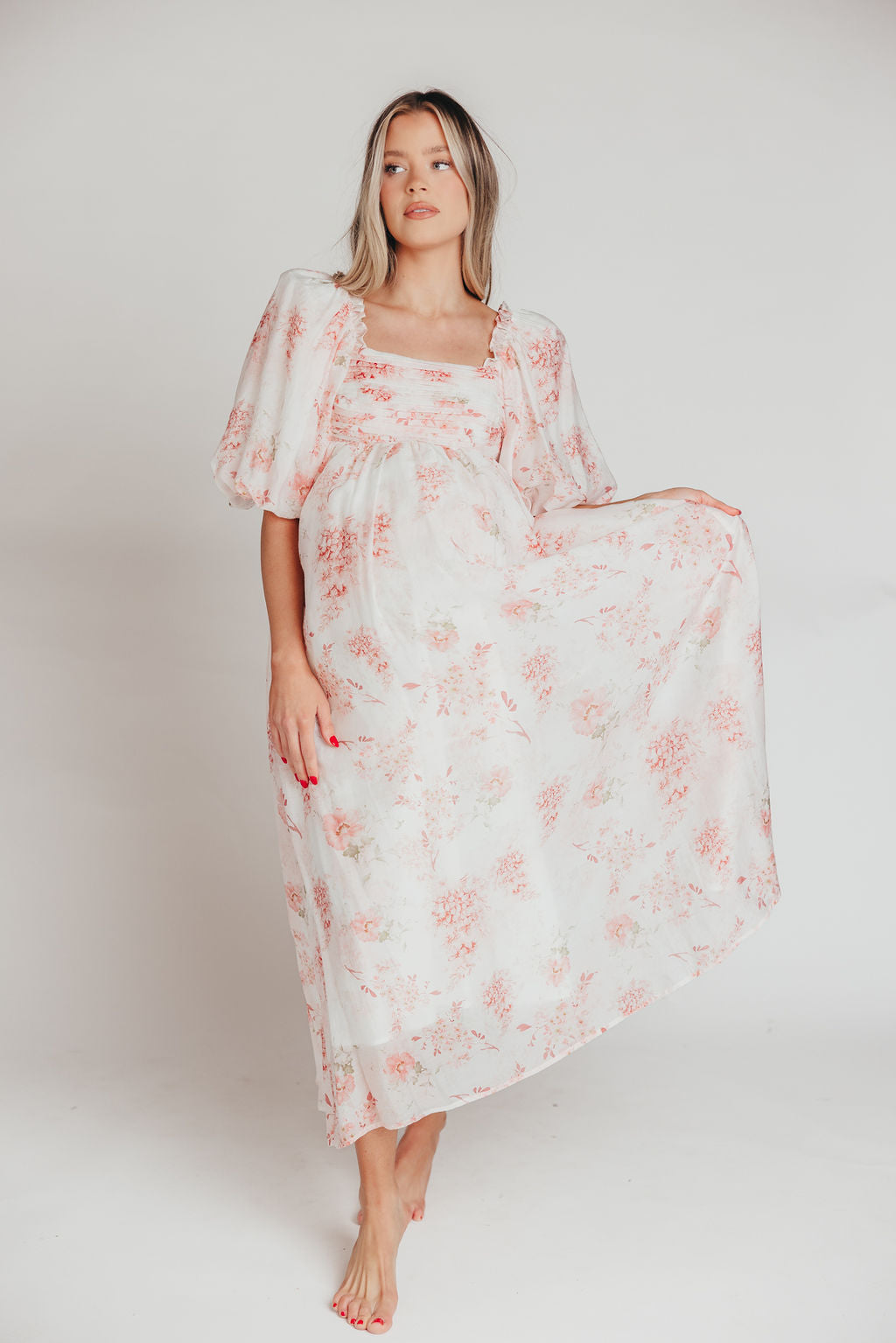 Melody Maxi Dress with Pleats and Bow Detail in Pink Floral -  Bump Friendly & Inclusive Sizing (S-3XL)