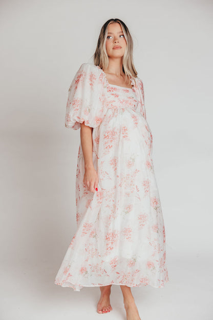 Melody Maxi Dress with Pleats and Bow Detail in Pink Floral -  Bump Friendly & Inclusive Sizing (S-3XL)