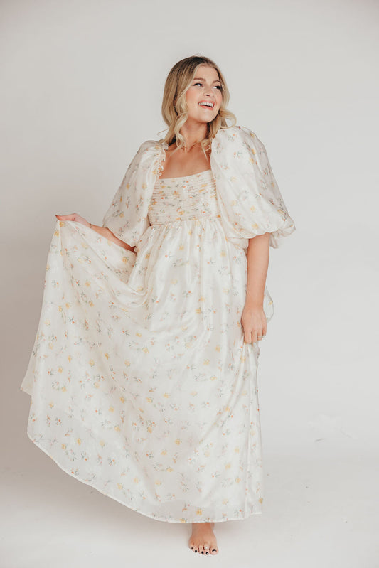 Melody Maxi Dress with Pleats and Bow Detail in Yellow Rose Floral - Bump Friendly & Inclusive Sizing (S-3XL)