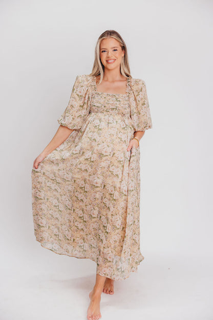 Melody Maxi Dress with Pleats and Bow Detail in Winter Floral - Bump Friendly & Inclusive Sizing (S-3XL)