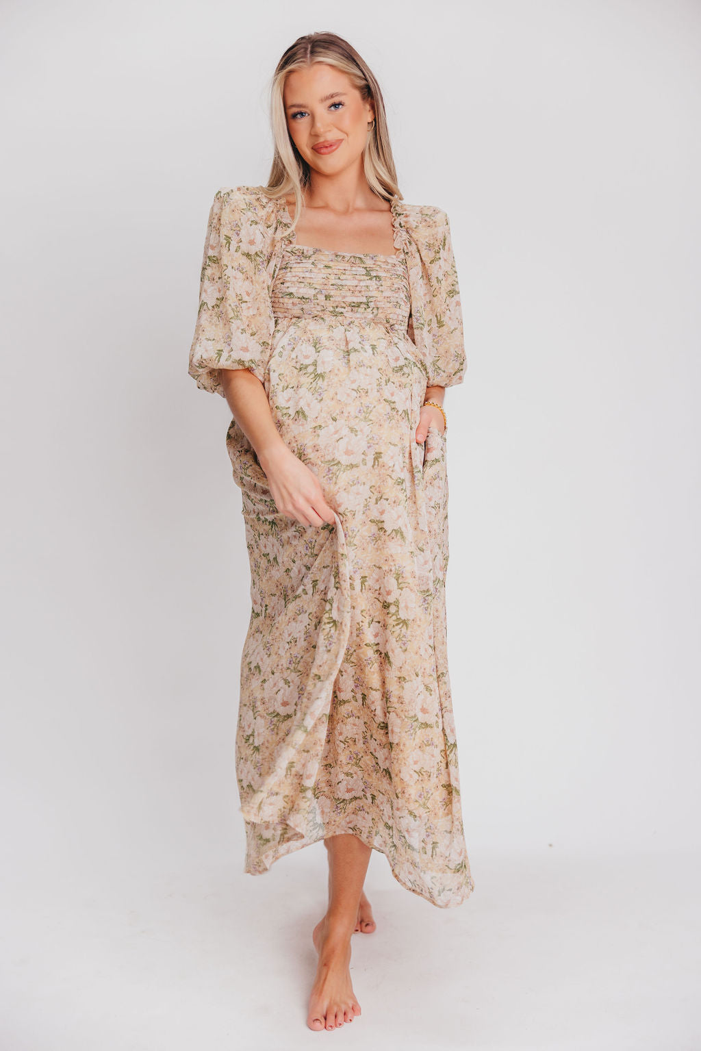 Melody Maxi Dress with Pleats and Bow Detail in Winter Floral - Bump Friendly & Inclusive Sizing (S-3XL)