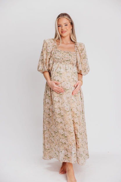 Melody Maxi Dress with Pleats and Bow Detail in Winter Floral - Bump Friendly & Inclusive Sizing (S-3XL)