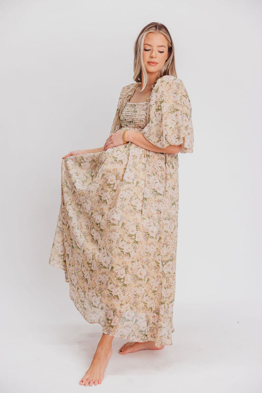 Melody Maxi Dress with Pleats and Bow Detail in Winter Floral - Bump Friendly & Inclusive Sizing (S-3XL)