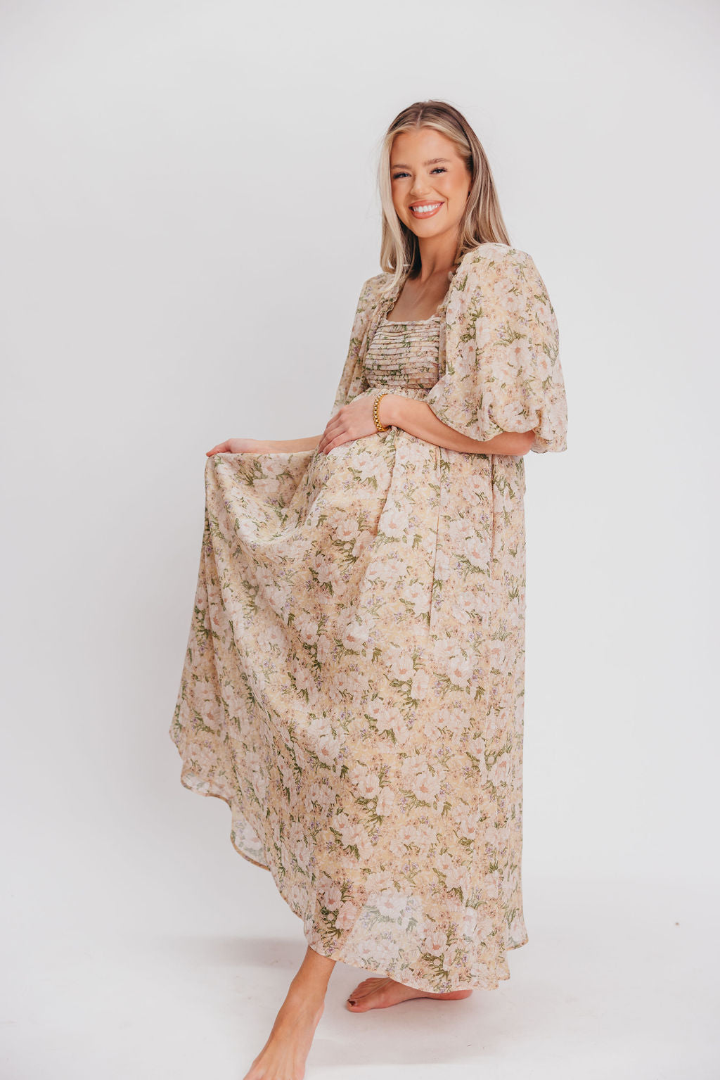 Melody Maxi Dress with Pleats and Bow Detail in Winter Floral - Bump Friendly & Inclusive Sizing (S-3XL)