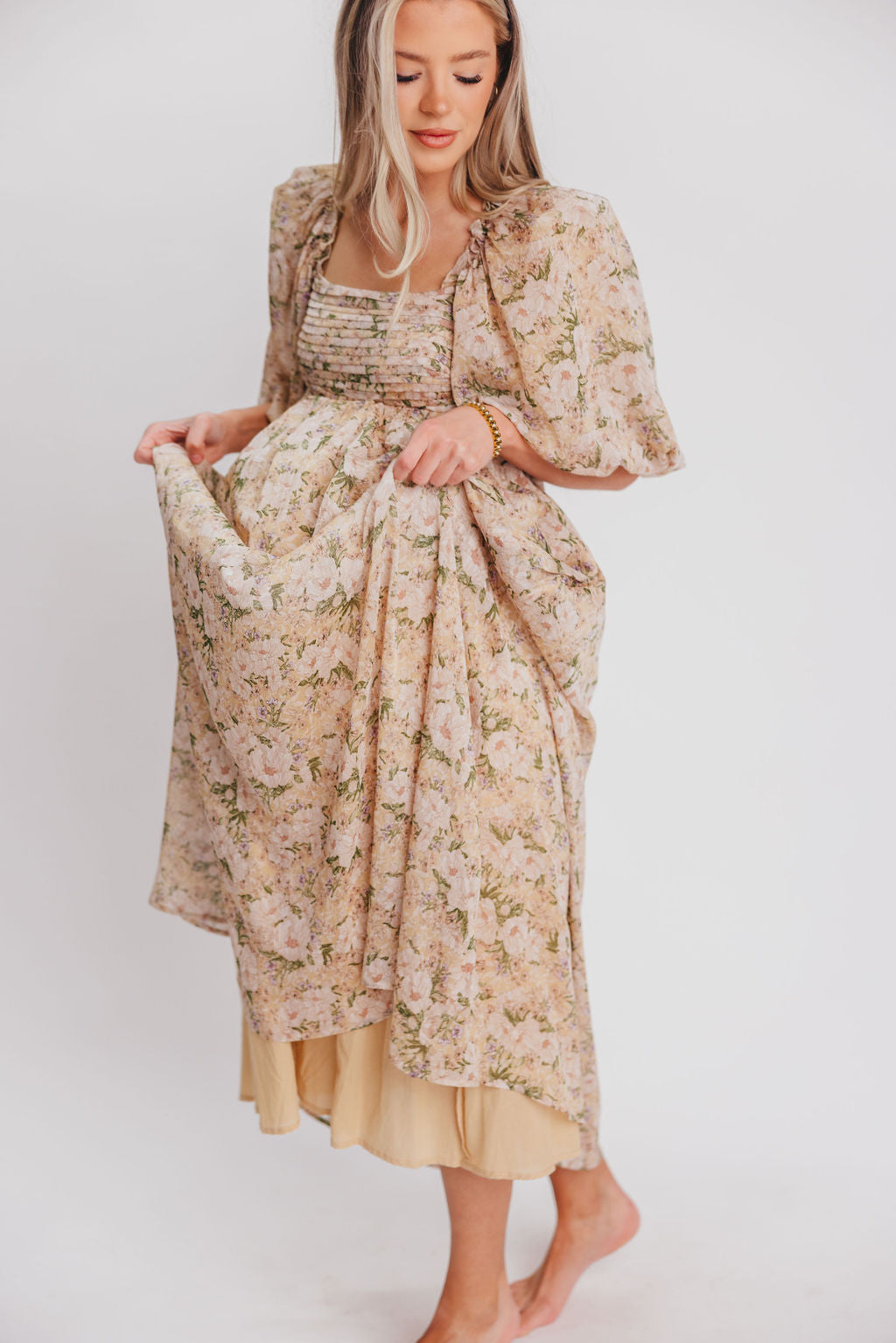 Melody Maxi Dress with Pleats and Bow Detail in Winter Floral - Bump Friendly & Inclusive Sizing (S-3XL)