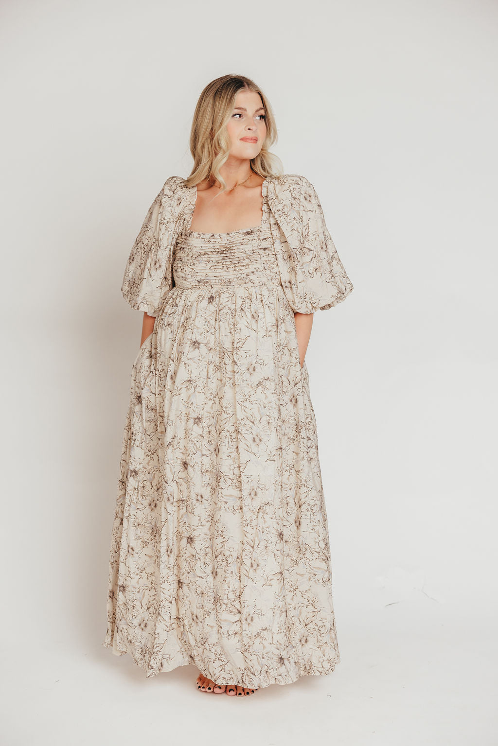 Melody Maxi Dress with Pleats and Bow Detail in Brown and Blue Floral - Bump Friendly & Inclusive Sizing (S-3XL)