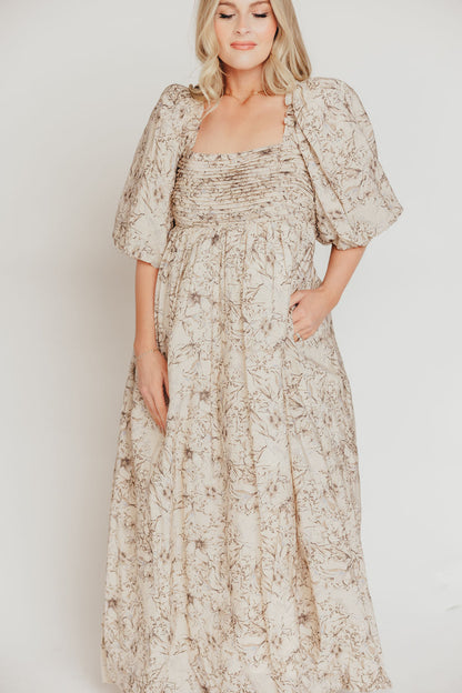 Melody Maxi Dress with Pleats and Bow Detail in Brown and Blue Floral - Bump Friendly & Inclusive Sizing (S-3XL)