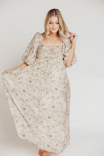 Melody Maxi Dress with Pleats and Bow Detail in Brown and Blue Floral - Bump Friendly & Inclusive Sizing (S-3XL)