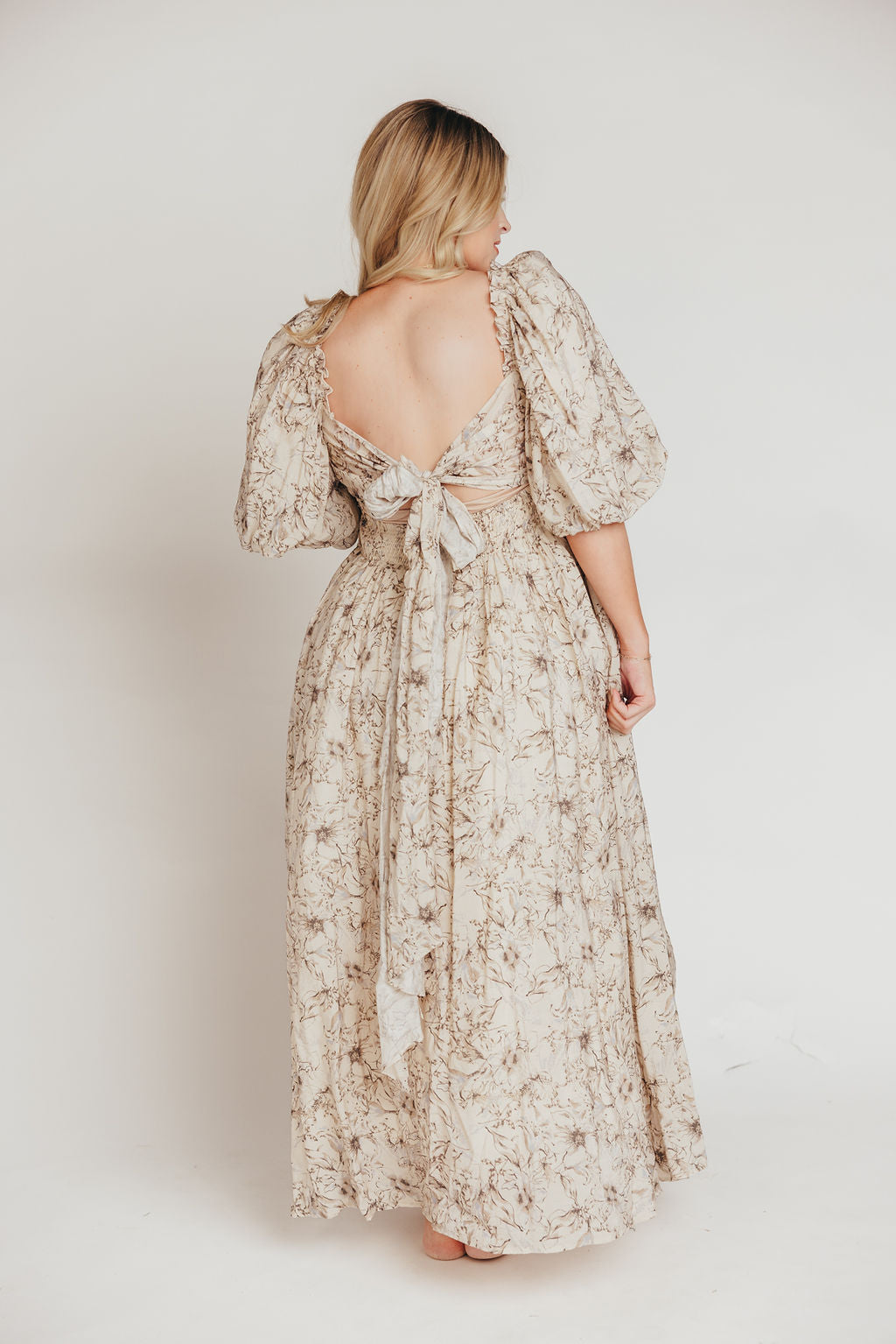 Melody Maxi Dress with Pleats and Bow Detail in Brown and Blue Floral - Bump Friendly & Inclusive Sizing (S-3XL)