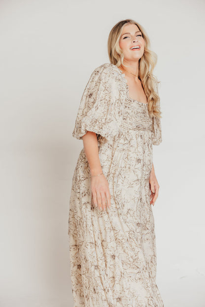 Melody Maxi Dress with Pleats and Bow Detail in Brown and Blue Floral - Bump Friendly & Inclusive Sizing (S-3XL)