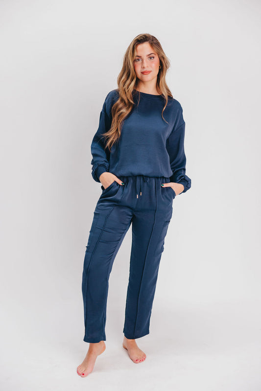 Sonny Silky Pintucked Cargo-Style Pants in Navy (top sold separately)