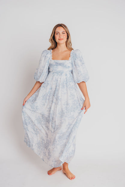 Melody Maxi Dress with Pleats and Bow Detail in Blue Floral - Bump Friendly & Inclusive Sizing (S-3XL) Restocking Early August