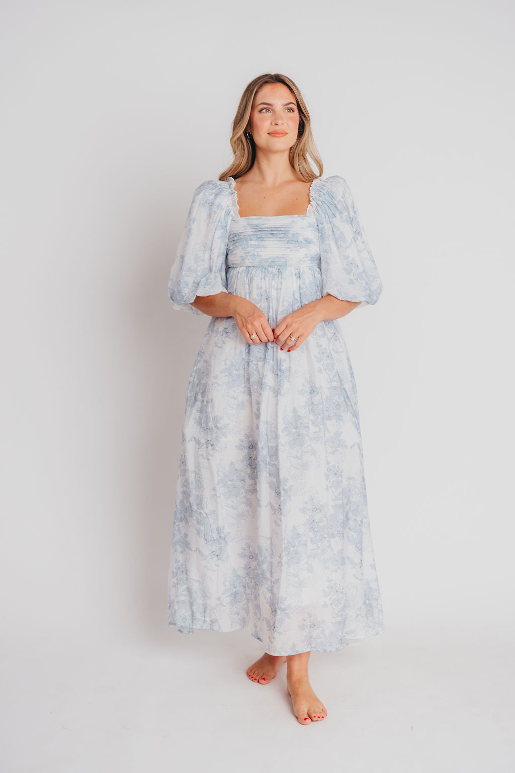 Melody Maxi Dress with Pleats and Bow Detail in Blue Floral - Bump Friendly & Inclusive Sizing (S-3XL) Restocking Early August