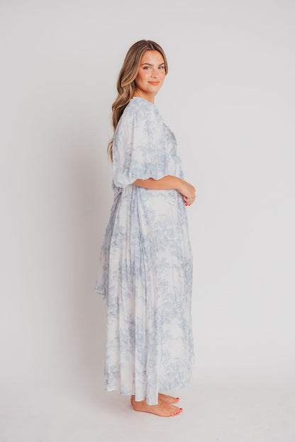 Melody Maxi Dress with Pleats and Bow Detail in Blue Floral - Bump Friendly & Inclusive Sizing (S-3XL) Restocking Early August