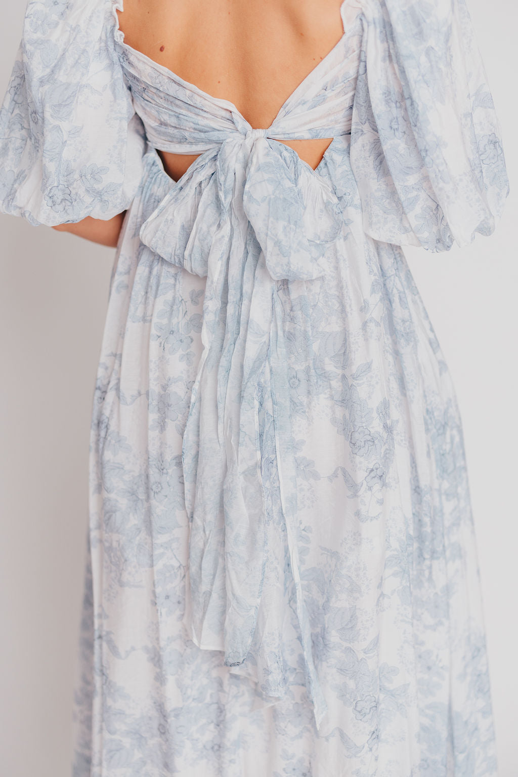 Melody Maxi Dress with Pleats and Bow Detail in Blue Floral - Bump Friendly & Inclusive Sizing (S-3XL) Restocking Early August