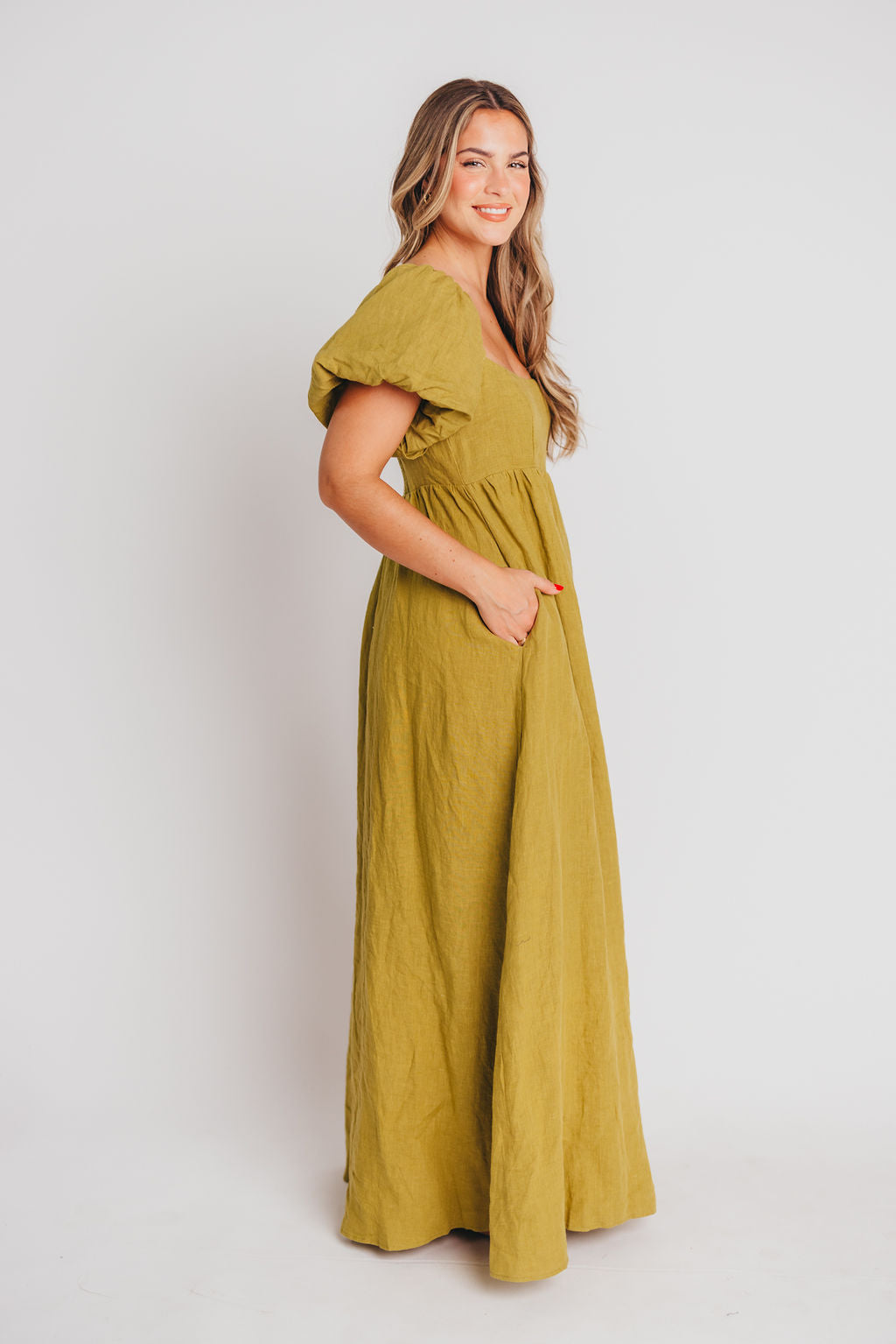 Candace Maxi Dress in Olive - 100% Linen - Bump Friendly (Restocking in June)