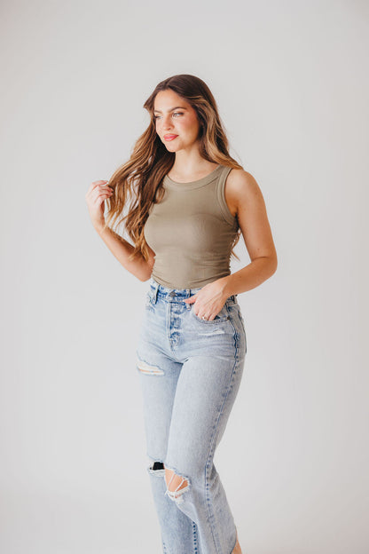 Claire Ribbed Scoop Neck Tank in Light Olive