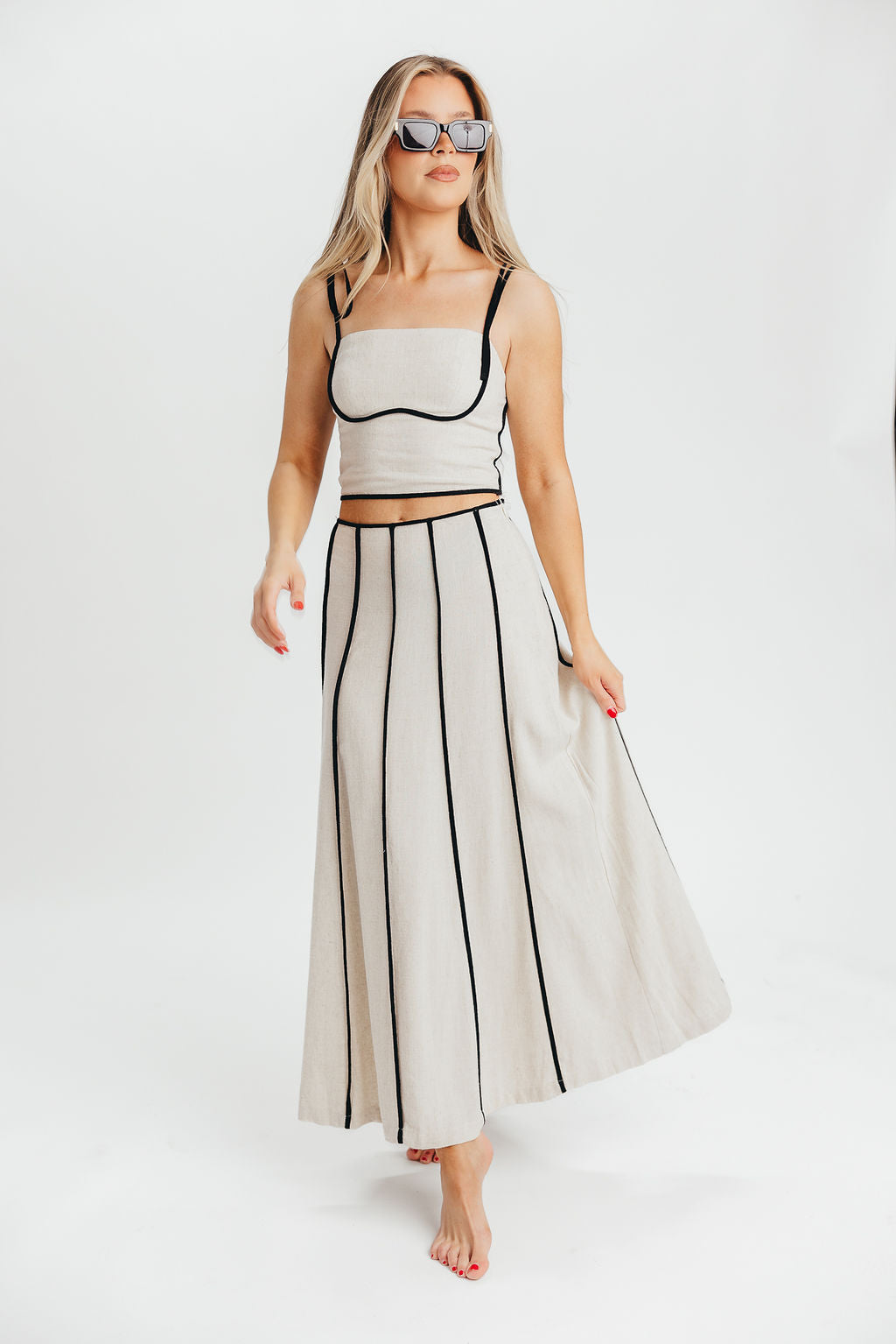 Heartfirst Linen Blend Tie Tank and Maxi Skirt Set in Natural