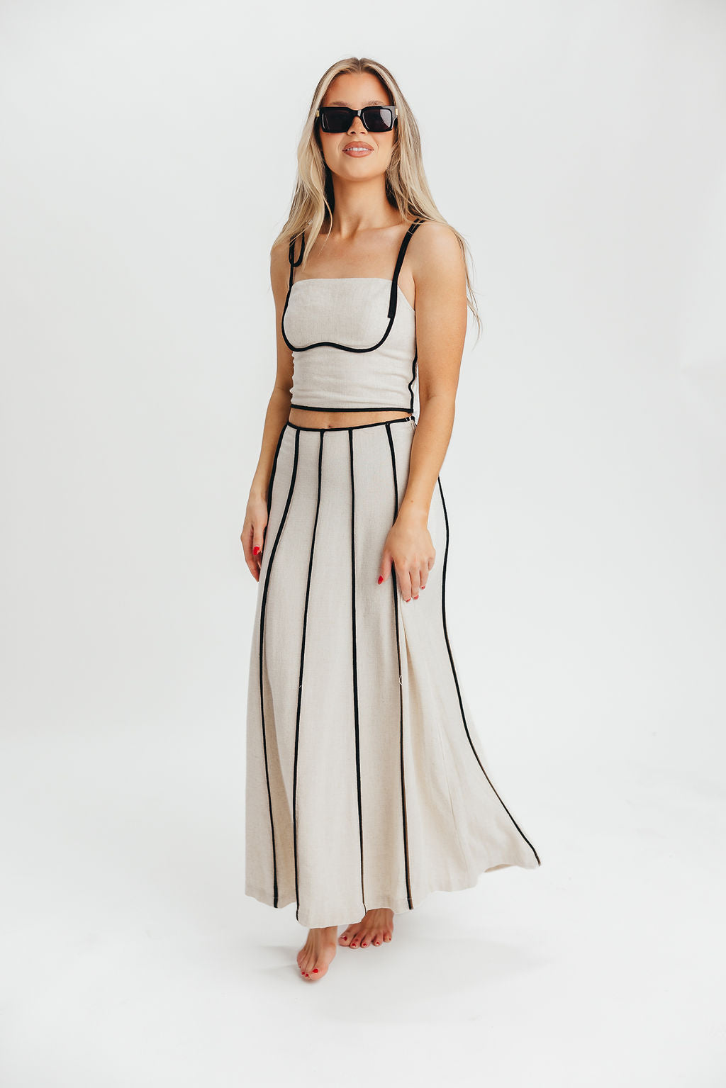 Heartfirst Linen Blend Tie Tank and Maxi Skirt Set in Natural