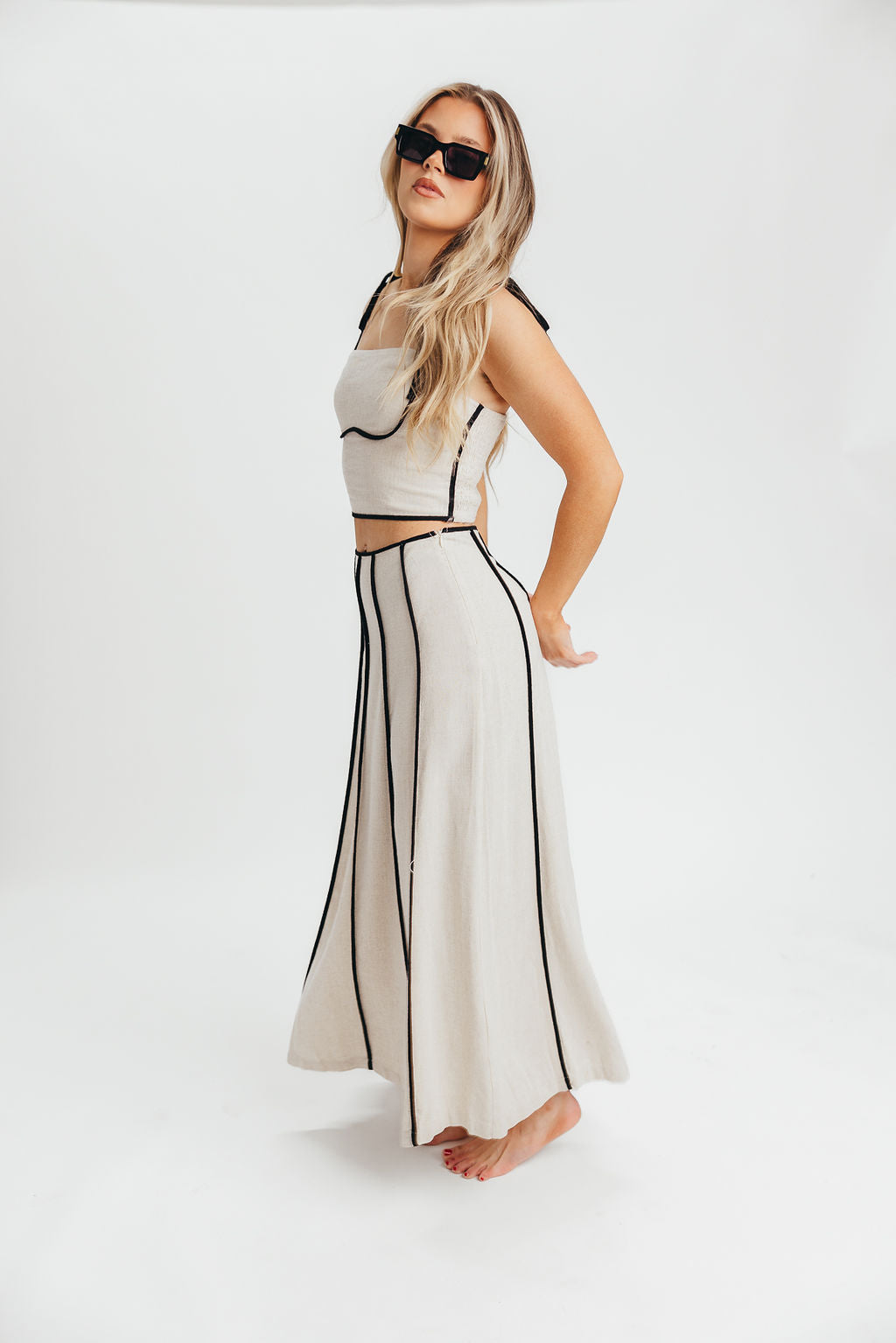 Heartfirst Linen Blend Tie Tank and Maxi Skirt Set in Natural