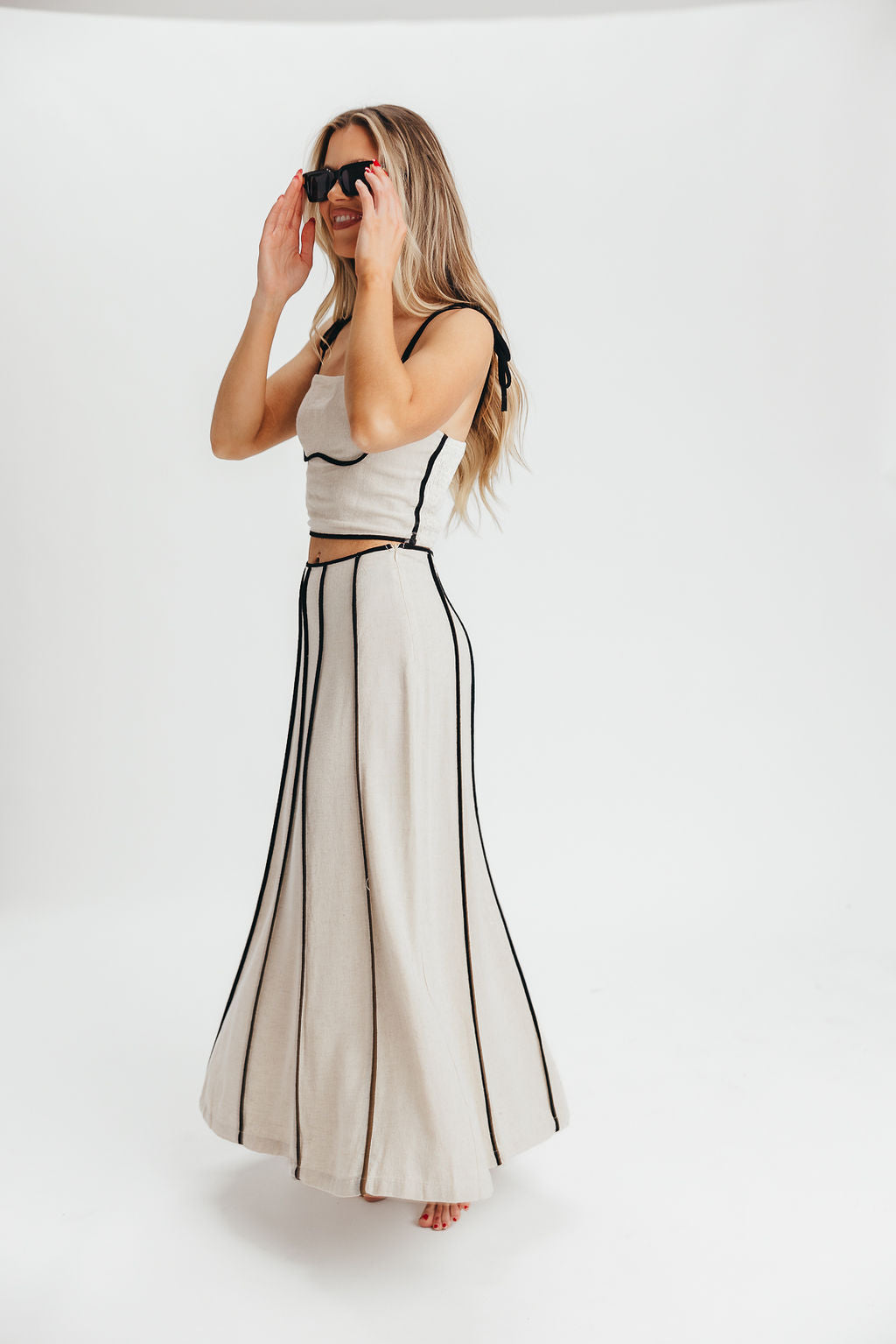 Heartfirst Linen Blend Tie Tank and Maxi Skirt Set in Natural