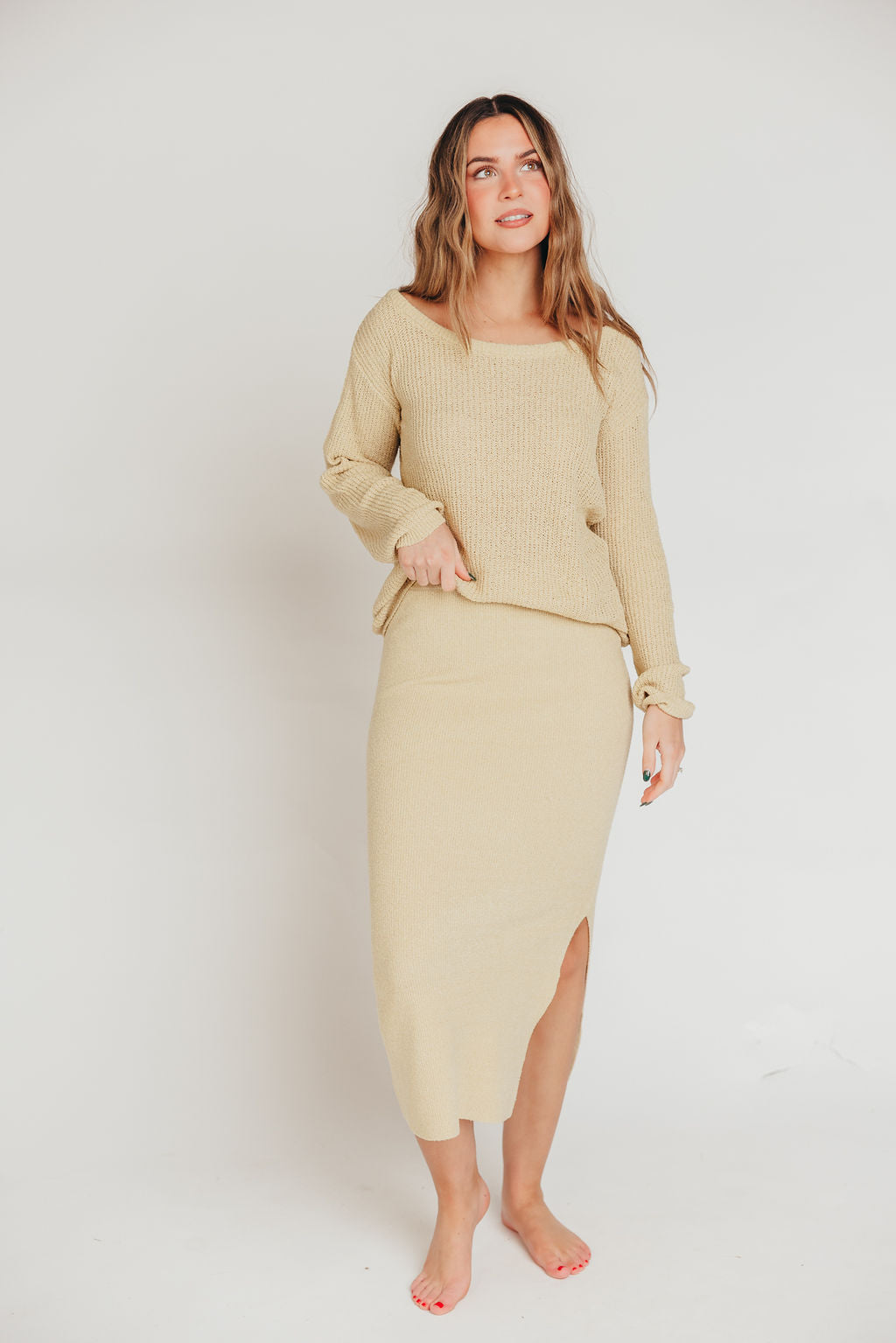 Ceci Sweater Knit Top and Midi Skirt Set in Custard