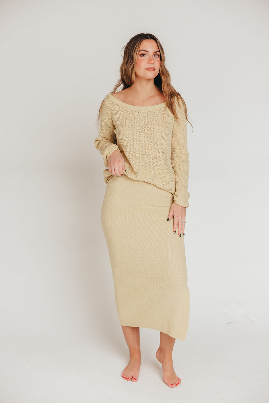 Ceci Sweater Knit Top and Midi Skirt Set in Custard