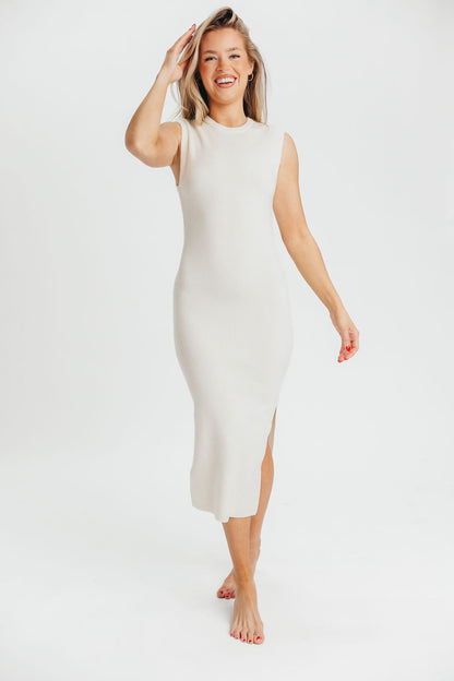 Iris Power Shoulder Ribbed Midi Dress in Cream