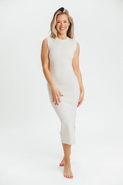 Iris Power Shoulder Ribbed Midi Dress in Cream