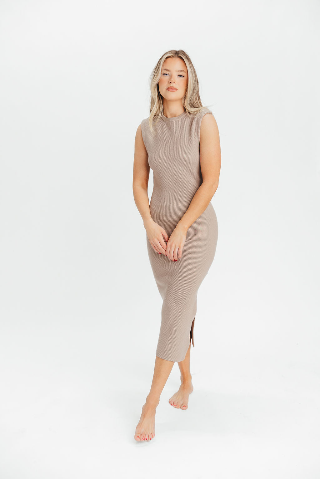 Iris Power Shoulder Ribbed Midi Dress in Taupe