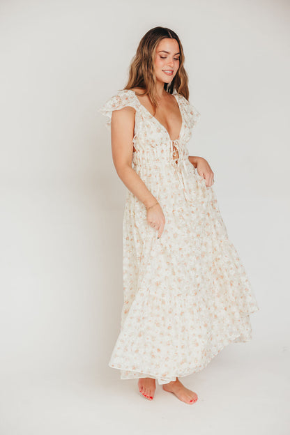 Enchanted Floral & Gingham Ruffled Maxi Dress in Cream/Peach