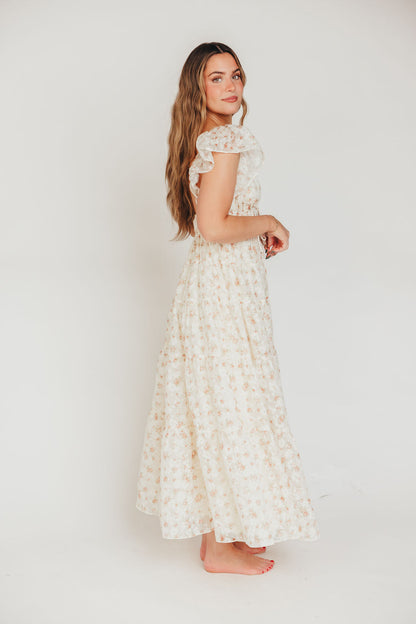 Enchanted Floral & Gingham Ruffled Maxi Dress in Cream/Peach