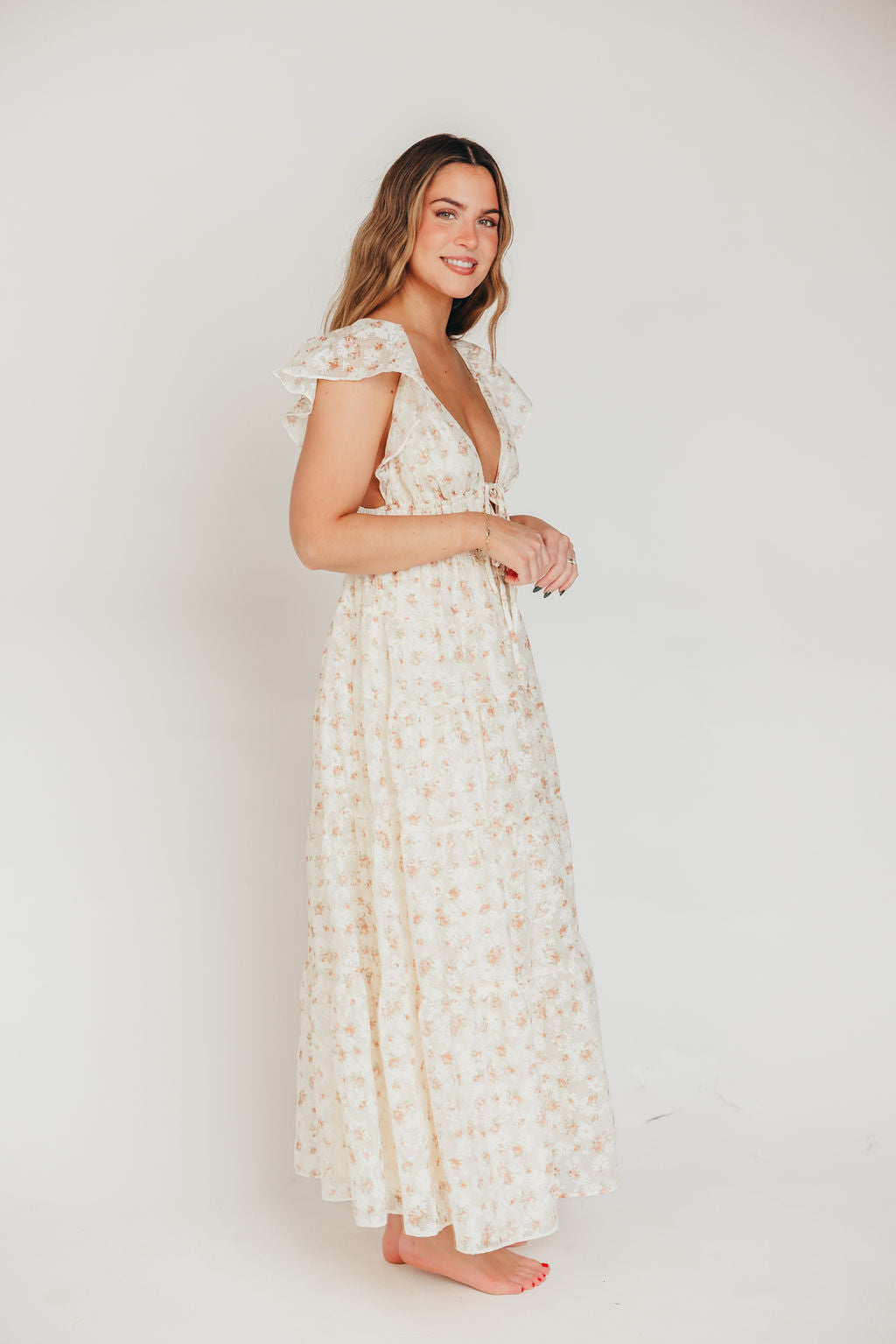 Enchanted Floral & Gingham Ruffled Maxi Dress in Cream/Peach