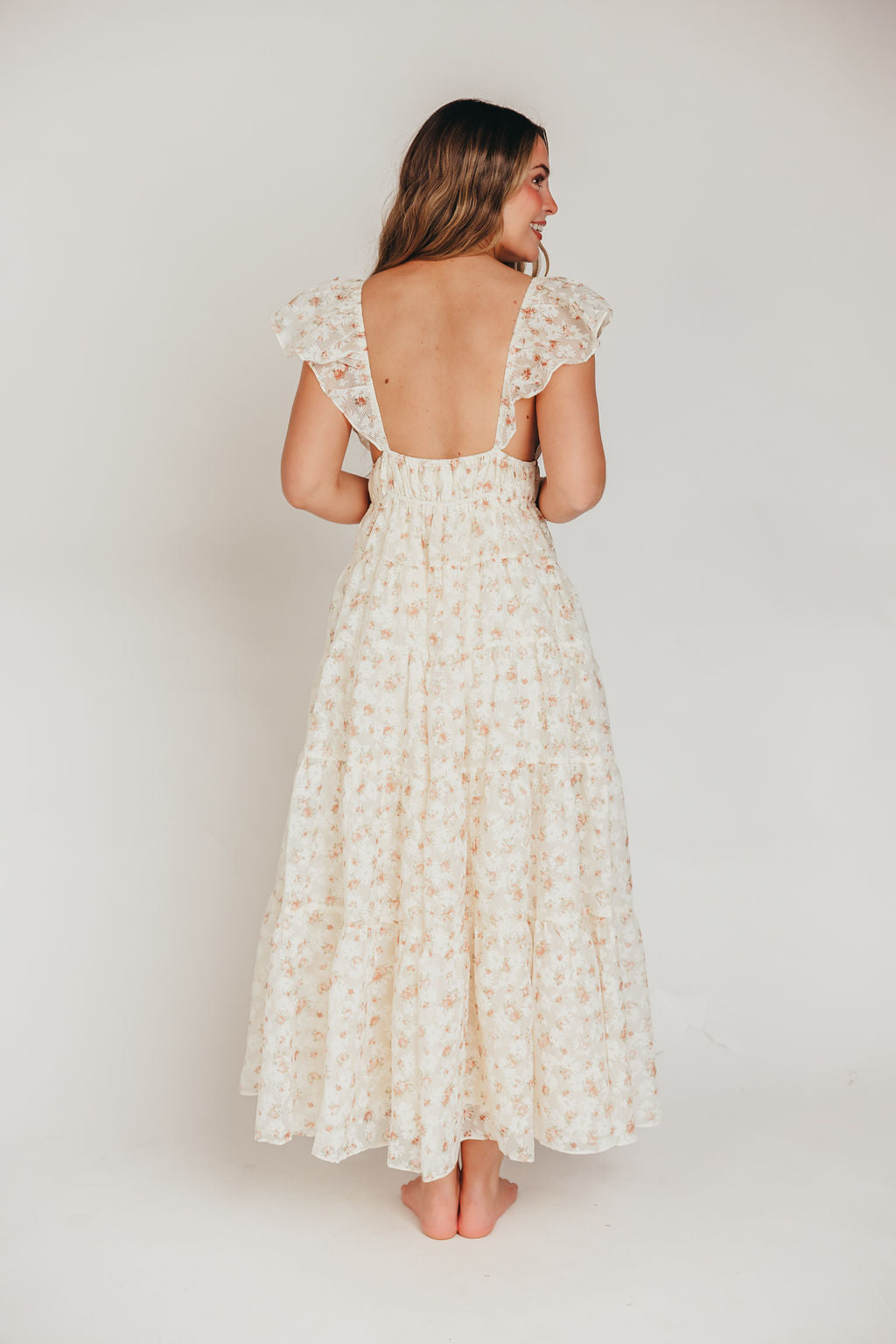 Enchanted Floral & Gingham Ruffled Maxi Dress in Cream/Peach