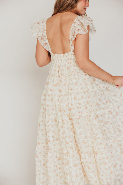 Enchanted Floral & Gingham Ruffled Maxi Dress in Cream/Peach