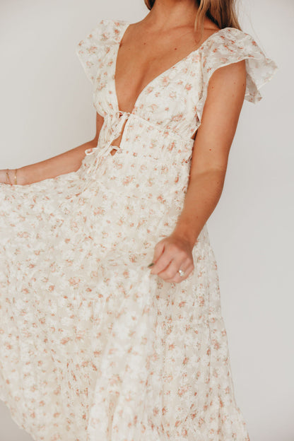 Enchanted Floral & Gingham Ruffled Maxi Dress in Cream/Peach