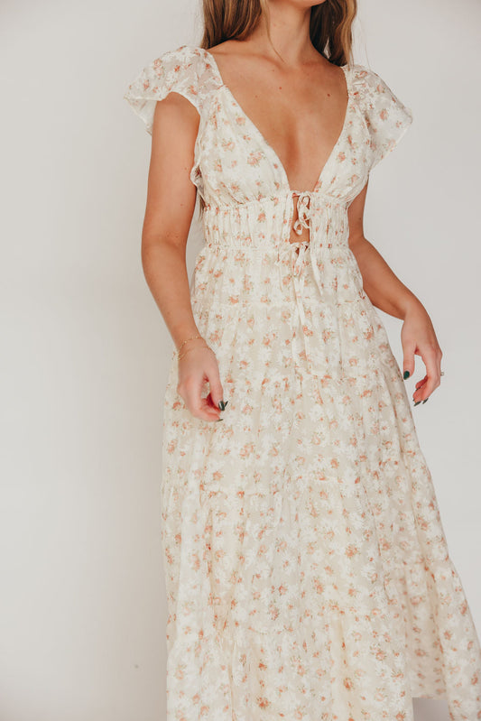 Enchanted Floral & Gingham Ruffled Maxi Dress in Cream/Peach