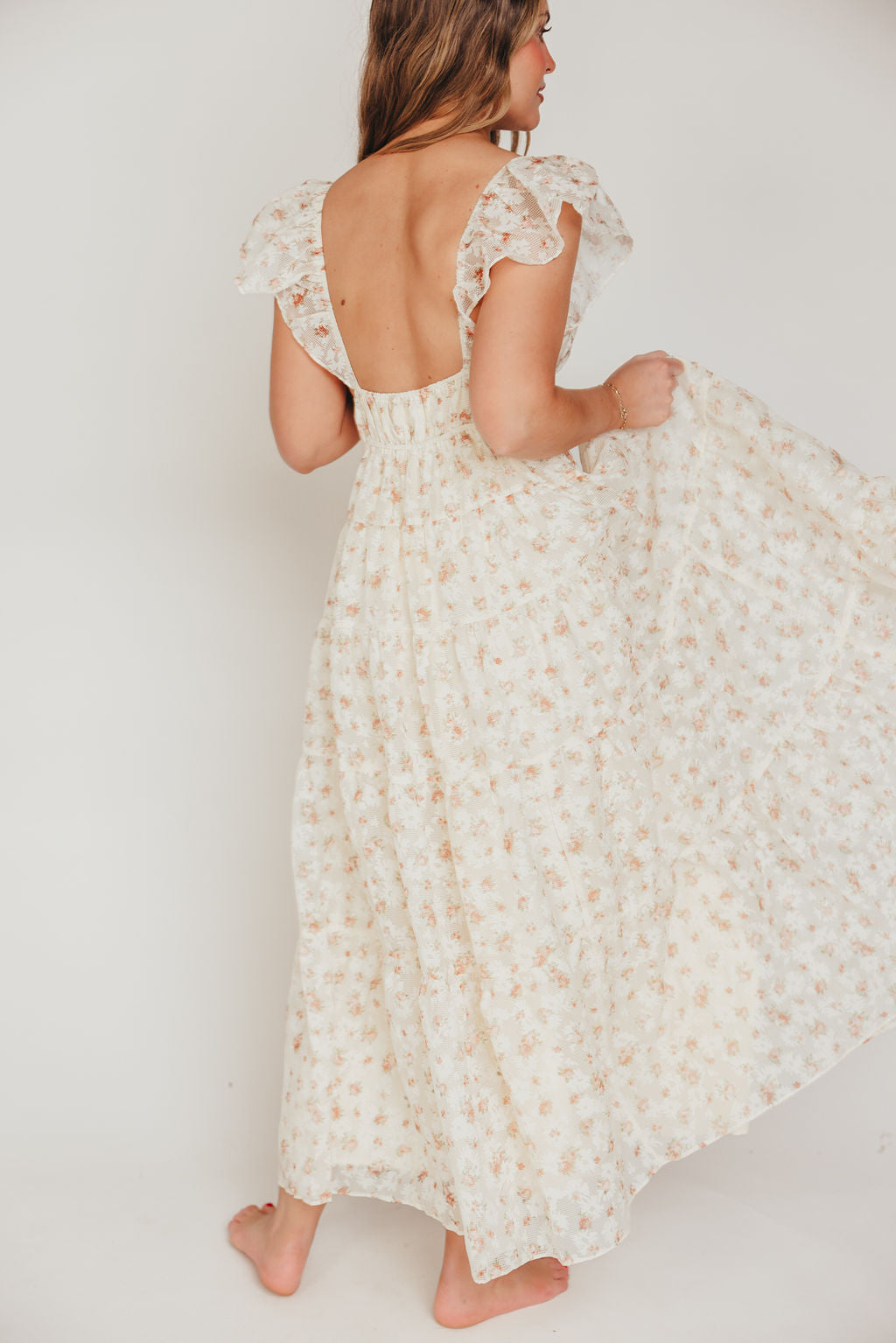 Enchanted Floral & Gingham Ruffled Maxi Dress in Cream/Peach